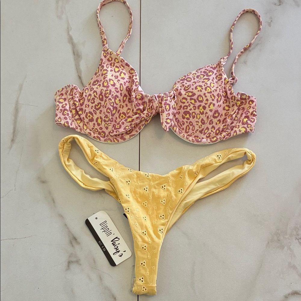 Nwt Dippin’ Daisy’s Puma Pink Leopard Cheetah Yellow Lace Thong Bikini Set